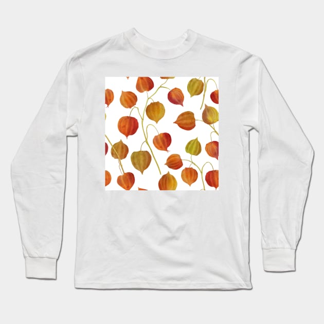 Physalis flowers watercolor seamless pattern. Golden berry plants. Cape gooseberry buds. Colorful autumn leaves structure Long Sleeve T-Shirt by likapix